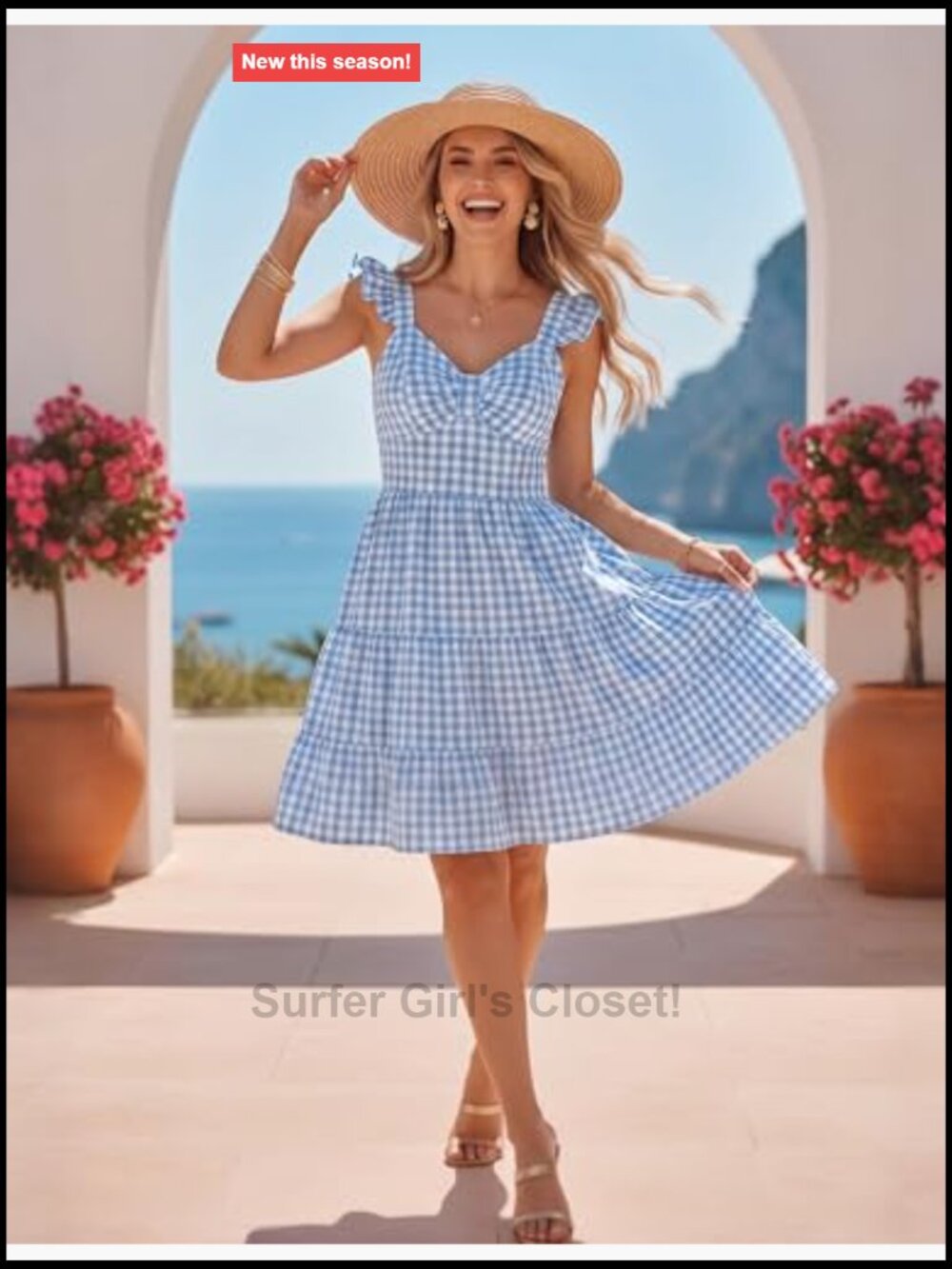 Cotton Gingham Dress V Neck Ruffle Hem Smocked Midi Dress Vacation Wear - Picture 5 of 7